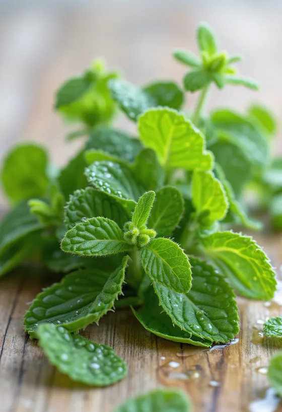 Feuilles de menthe pomme fraîches et duveteuses sur une assiette.