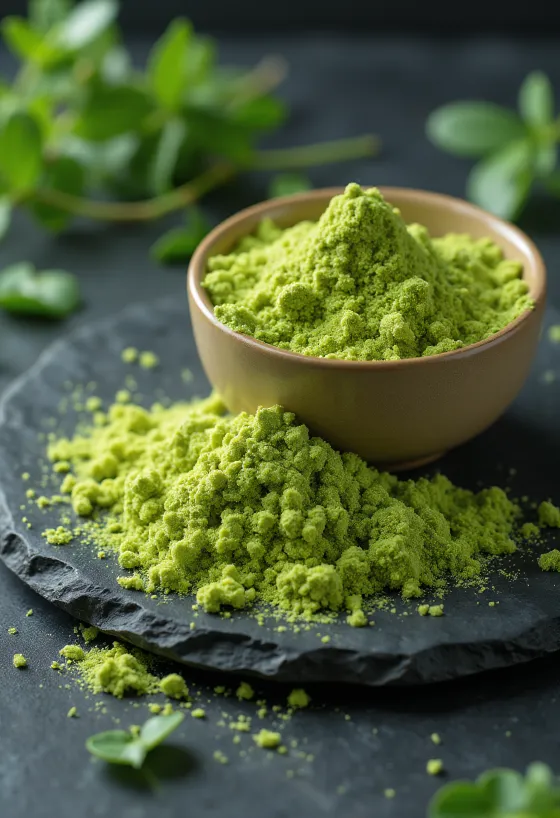 Poudre d'herbe d'orge vert intense dans un bocal avec jeunes pousses