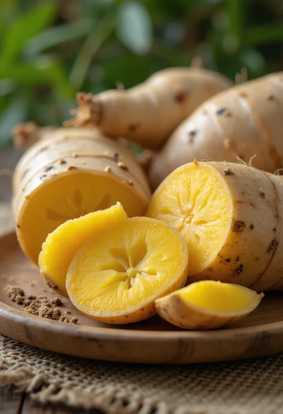 Racines d'Arracacha tranchées sur plan de travail