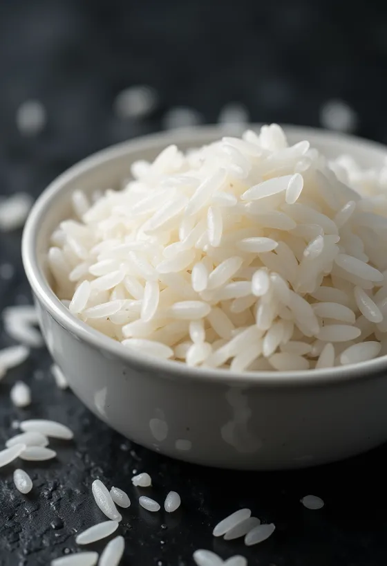 Riz Jasmin cuit à la vapeur, grains blancs et détachés