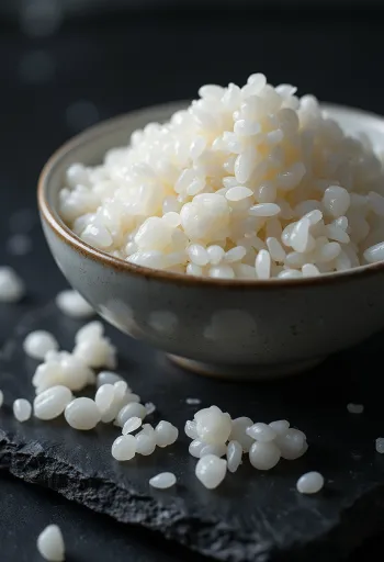 Bol de riz à sushi cuit, grains brillants et collants
