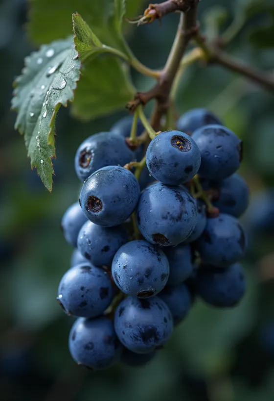 Gros plan sur une grappe de raisin Kékfrankos aux baies bleu nuit