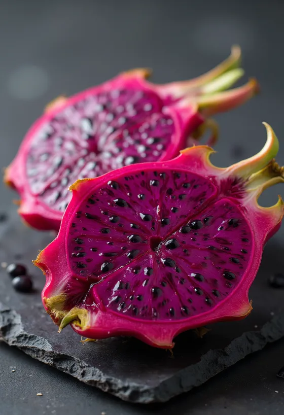 Fruit du dragon à chair rouge vif coupé en deux