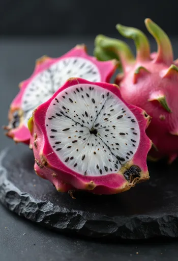 Fruit du dragon à chair blanche coupé, montrant ses graines noires