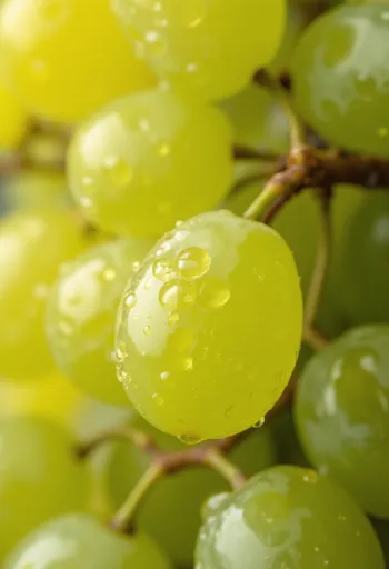 Grappe de raisin Irsai Olivér jaune-vert, baies fraîches et juteuses
