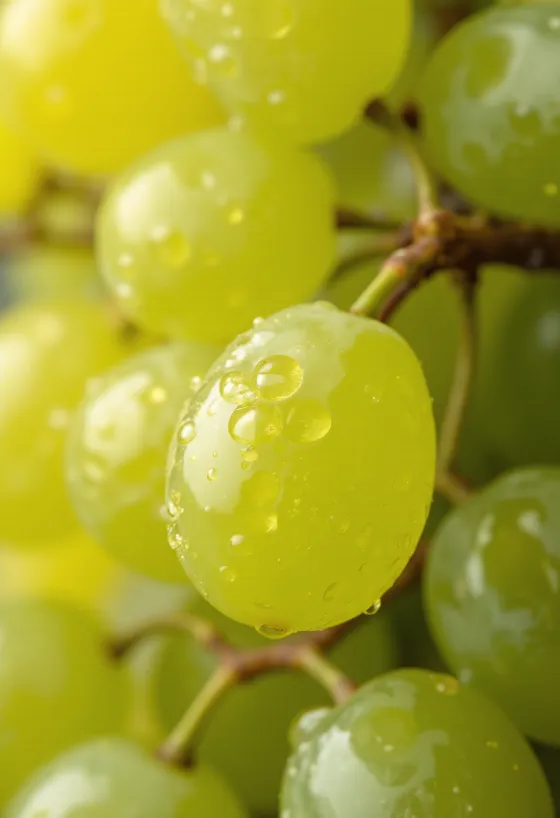 Grappe de raisin Irsai Olivér jaune-vert, baies fraîches et juteuses