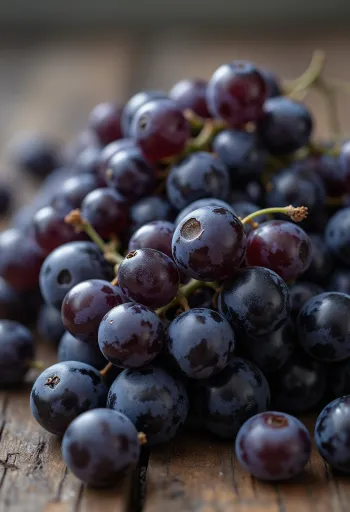 Gros plan sur une grappe de raisin Othello aux baies violet foncé presque noires