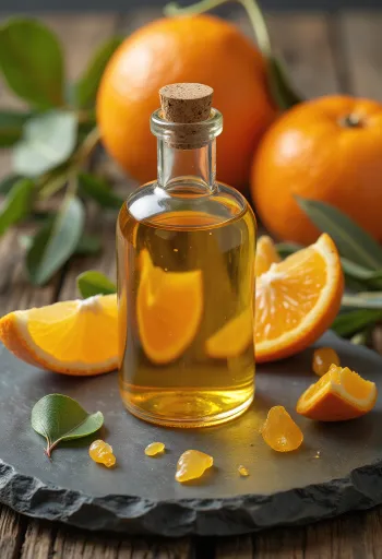 Flacon d'huile essentielle d'orange douce avec fruits frais