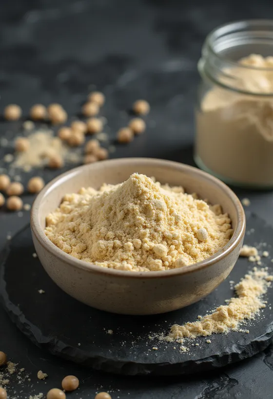 Poudre de protéine de pois jaune dans un bol