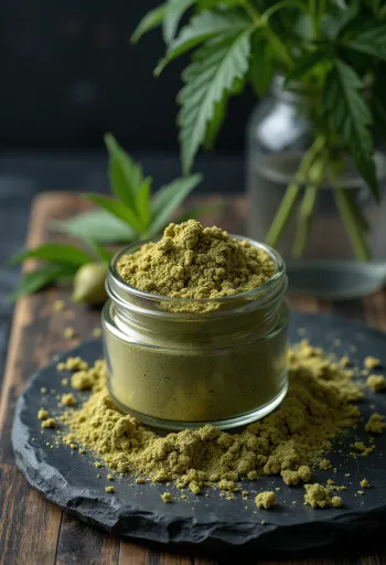 Poudre de protéine de chanvre verte dans un bol avec graines