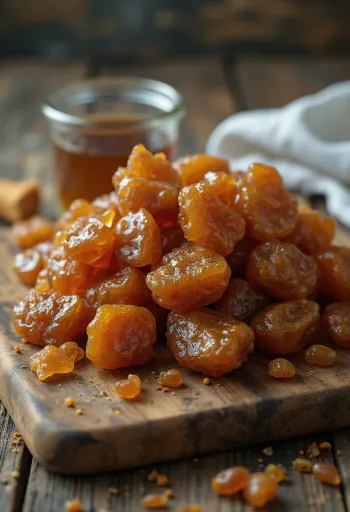Morceaux de propolis brute sur surface boisée