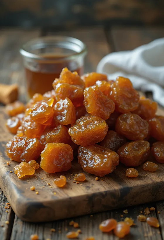 Morceaux de propolis brute sur surface boisée