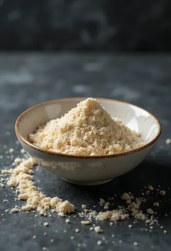 Poudre de protéine de riz brun beige dans un bol avec riz complet