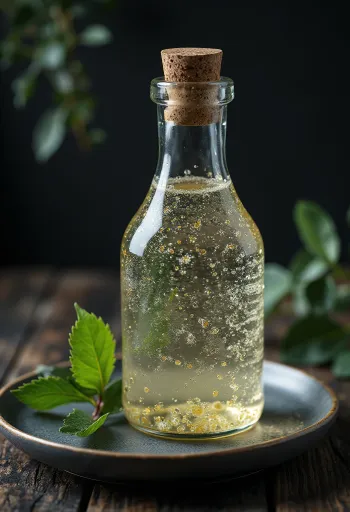Bouteille et verre de sève de bouleau claire avec écorce
