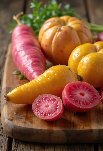 Tubercules d'oca du Pérou aux couleurs vives, rose et jaune.