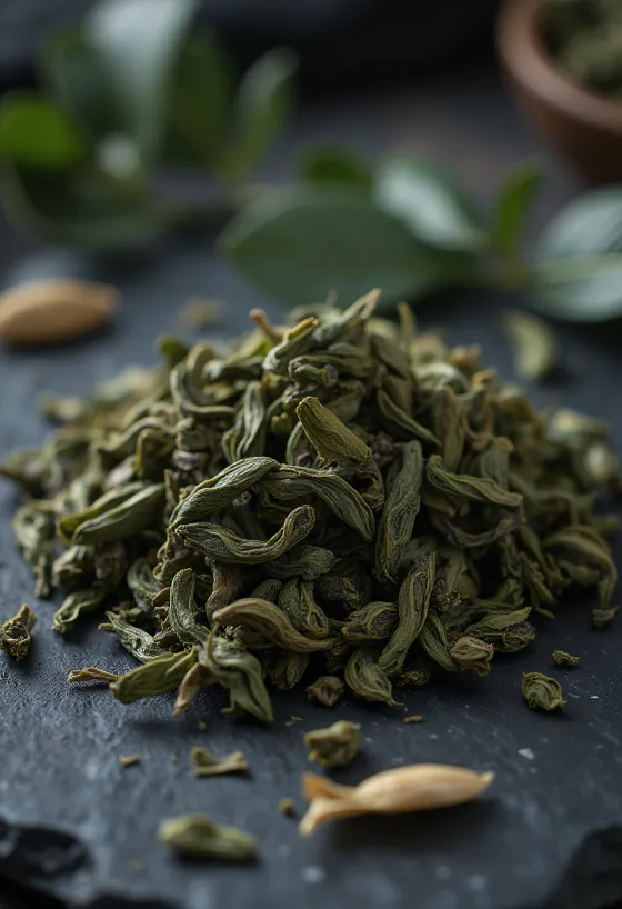 Feuilles de thé Oolong roulées en perles et infusion dorée