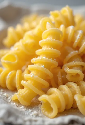 Pâtes Fusilli crues en vrac sur une table en bois