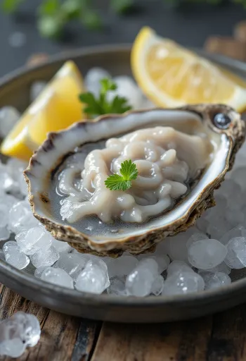 Chair d'huître fraîche crue sur glace avec citron et herbes