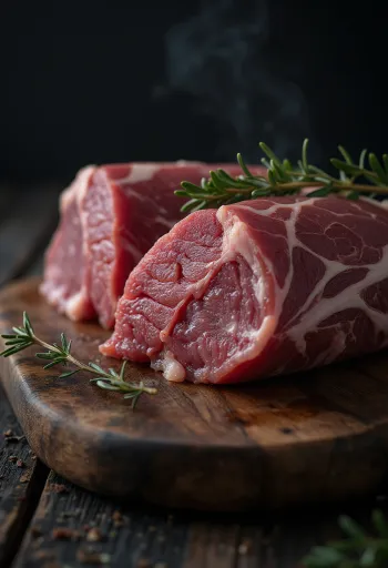 Morceaux de chevreuil frais avec baies de genièvre et romarin sur bois