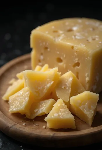 Parmesan râpé et en morceaux sur planche en bois