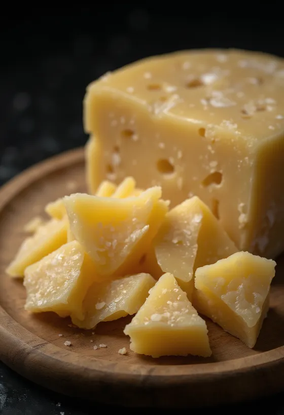 Parmesan râpé et en morceaux sur planche en bois