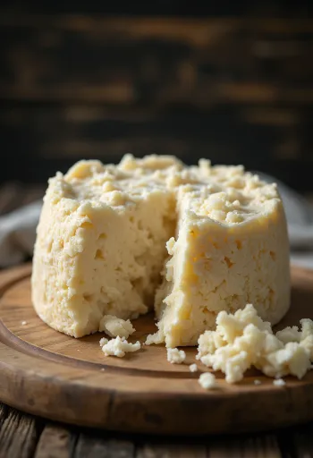 Fromage Pecorino frais dans un bol blanc sur table en bois