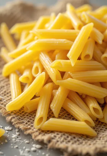Penne Rigate crues disposées sur une surface en bois rustique