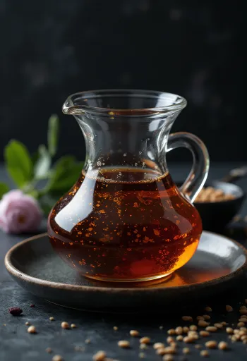 Huile de sésame grillé en bouteille foncée avec bol de graines