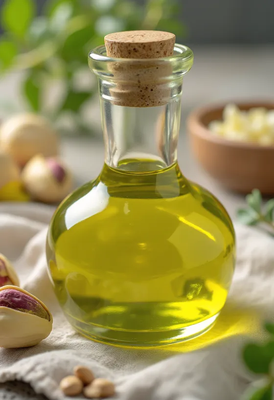 Bouteille d'huile de pistache et bol de pistaches émondées