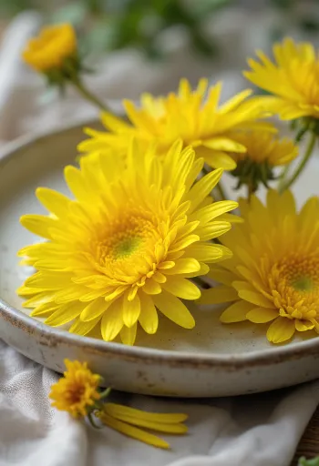 Pétales de fleurs de pissenlit frais sur assiette blanche comestibles