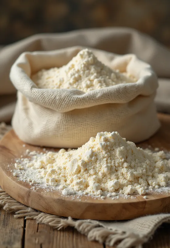 Bol de farine de banane plantain avec cuillère et fruits verts
