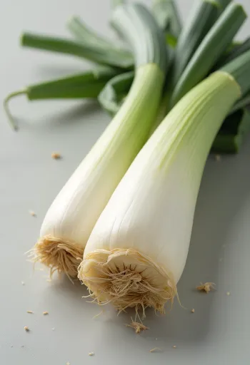 Poireaux frais entiers et en rondelles sur table en bois