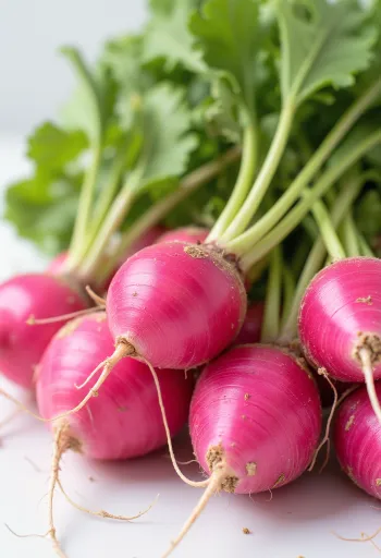 Radis rouges frais avec fanes sur planche, entiers et tranchés