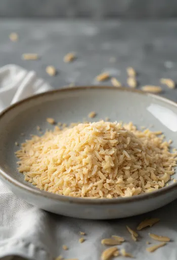 Son de riz en poudre dans un bol céramique et sur table en bois