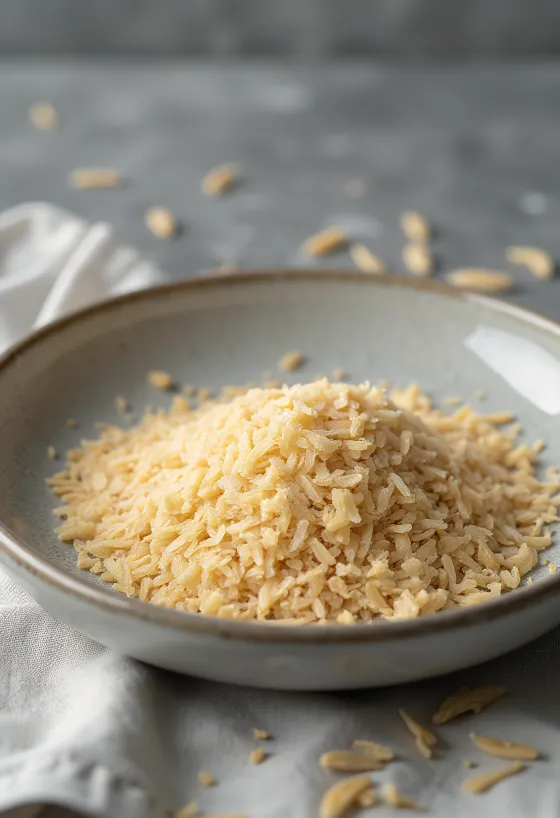 Son de riz en poudre dans un bol céramique et sur table en bois