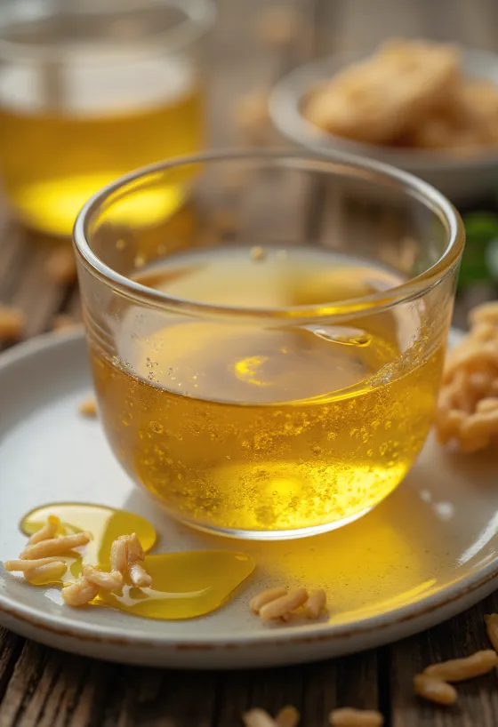 Bouteille d'huile de son de riz avec grains de riz et son