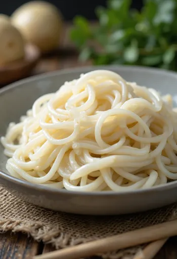 Nouilles de riz sèches dans un bol en céramique sur bois