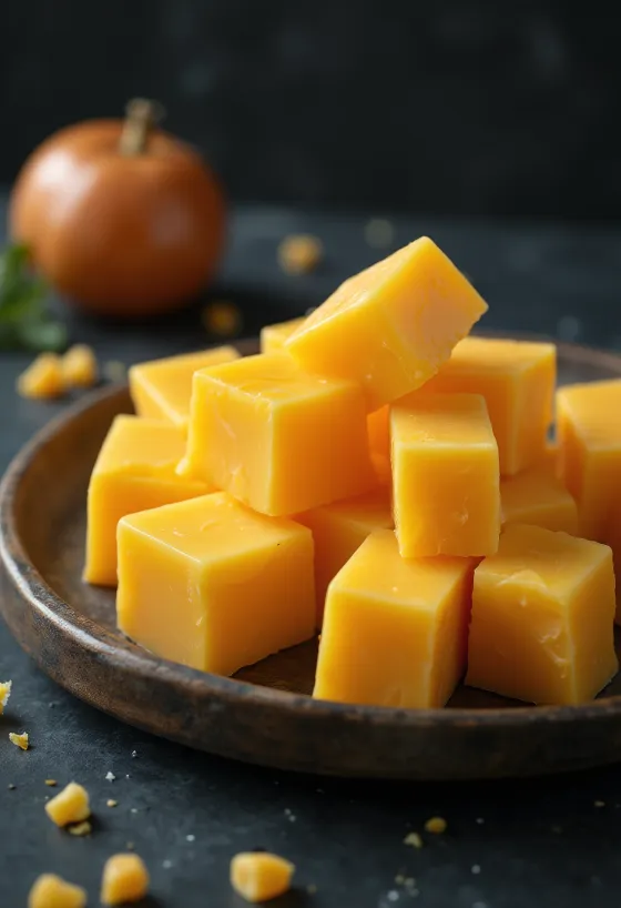 Morceau de Cheddar jaune orangé dans un bol sur table en bois