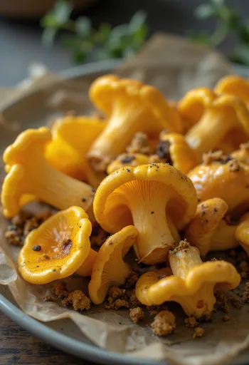 Girolles fraîches émincées avec herbes et ail sur planche en bois