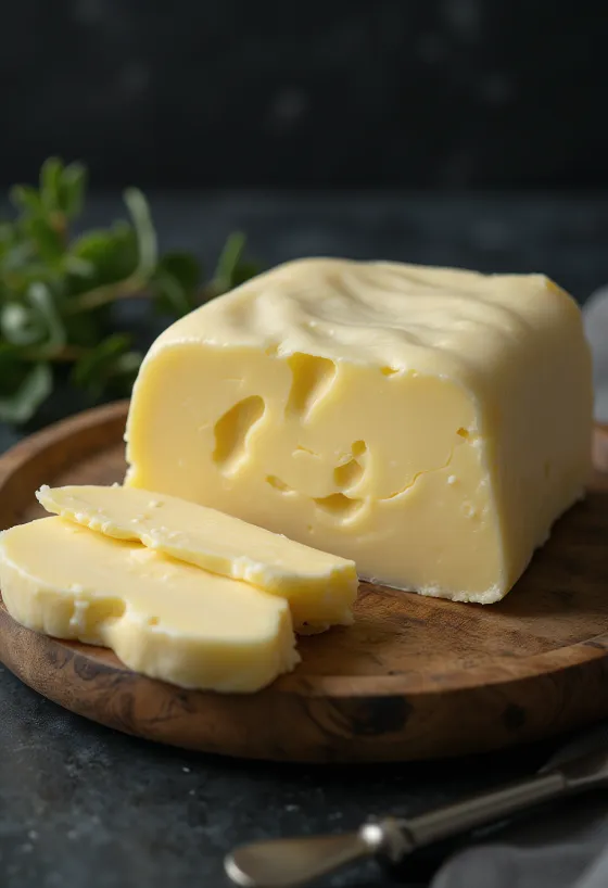 Beurre de baratte jaune d'or dans un beurrier