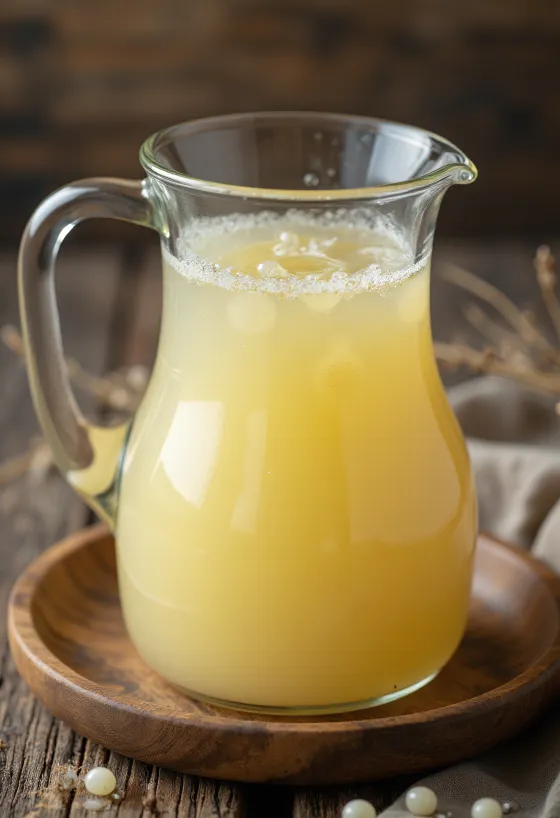 Bocal de petit-lait fermenté jaune pâle en cuisine