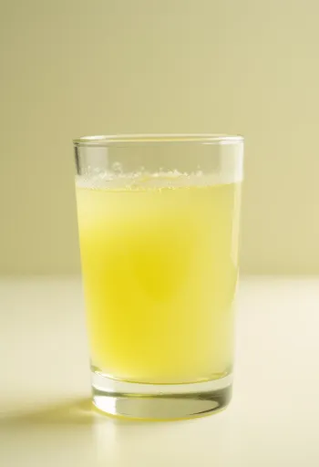 Petit-lait frais servi dans un verre et une assiette creuse sur une table en bois clair