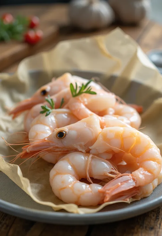 Queues de langoustines (scampi) crues sur glace avec citron et persil