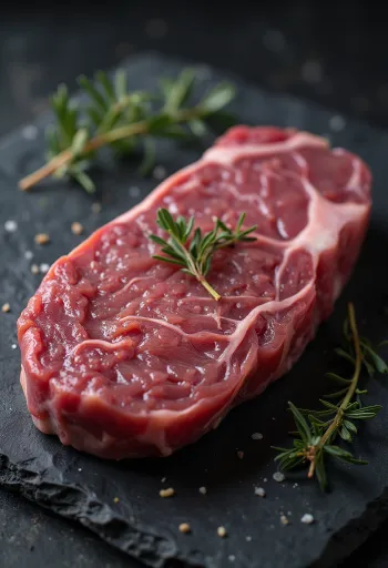 Pavés de viande d'autruche crue sur une planche avec épices et citron