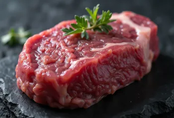 Pavés de viande d'autruche crue sur une planche avec épices et citron