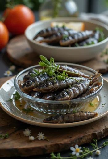 Filets d'anchois frais avec épices et citron sur bois
