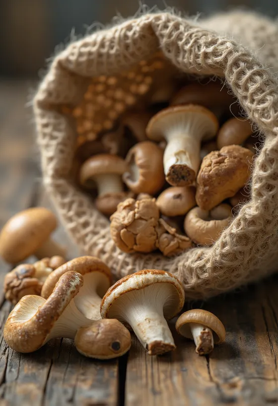 Lamelles de champignons séchés sur surface rustique, avec herbes aromatiques