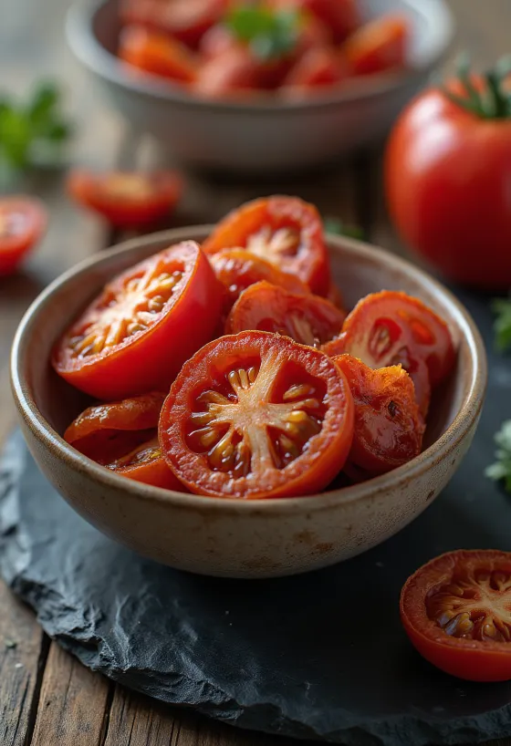 Tomates séchées sur surface rustique, avec huile d'olive et épices