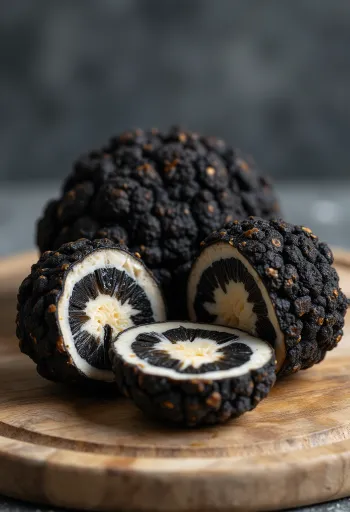 Truffes noires entières et coupées sur une planche sombre