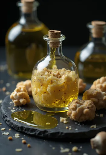 Huile de truffe en fiole avec lamelles de truffe et service